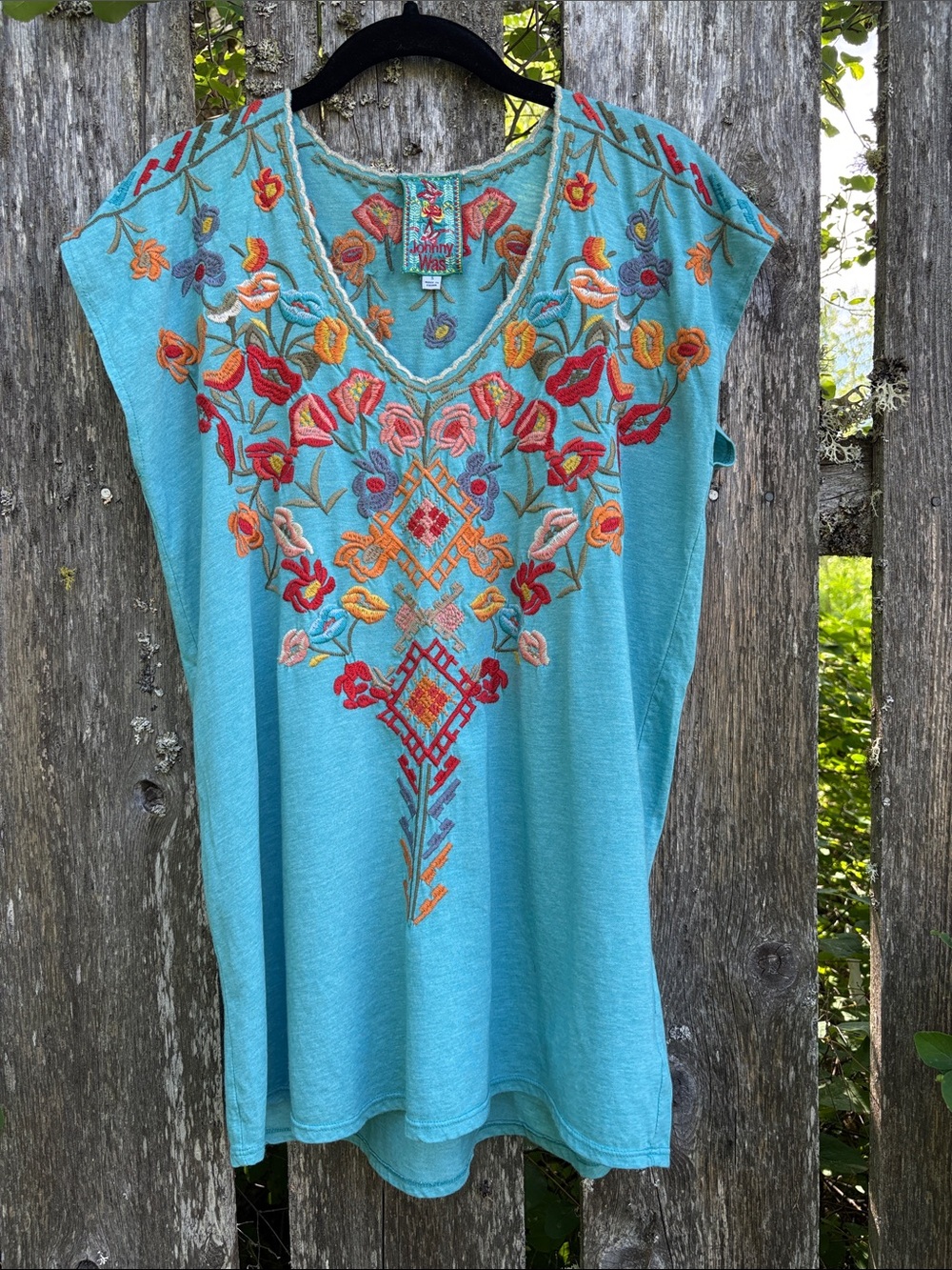 Johnny Was Turquoise Floral Embroidered V-Neck Tunic